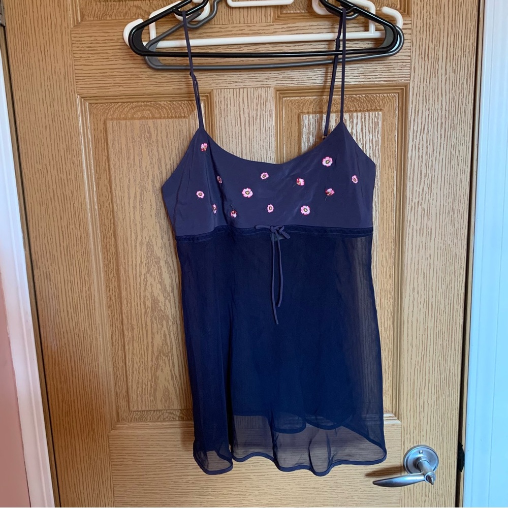 La SENZA navy blue sheer chemise with pink floral embroidery